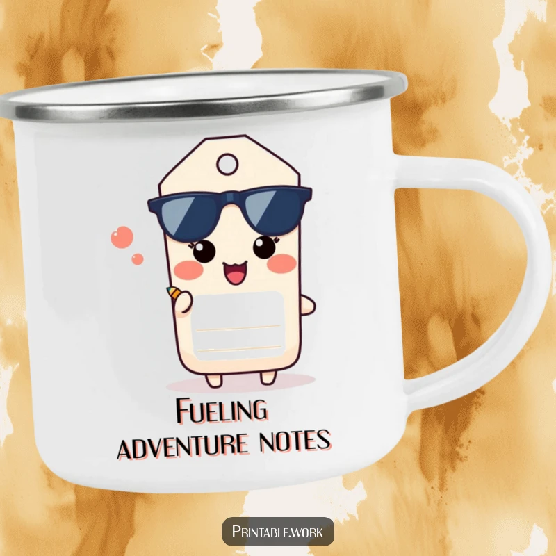 Funny Paper Tag Camping Mug: A happy paper tag character sighs while offering a mini pencil, perfect for outdoor humor.