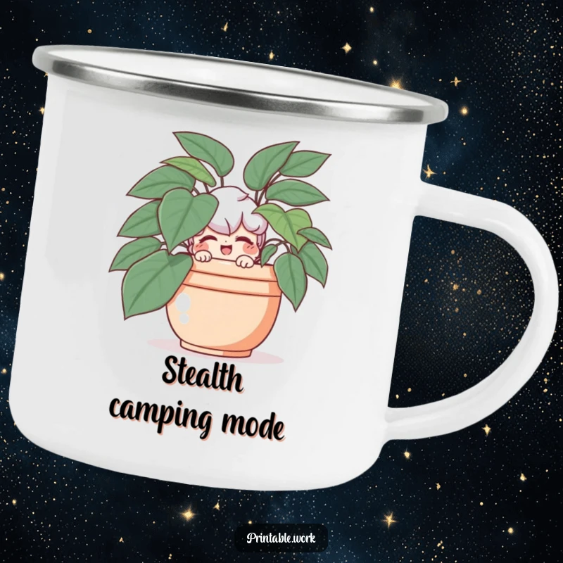 Funny camping mug with a character hiding behind a plant, giving a playful wink.