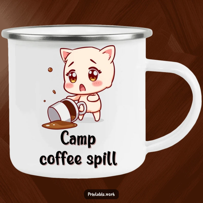 Funny camping mug with a character trying to catch a flying, spilled coffee mug, a humorous illustration for outdoor coffee lovers.