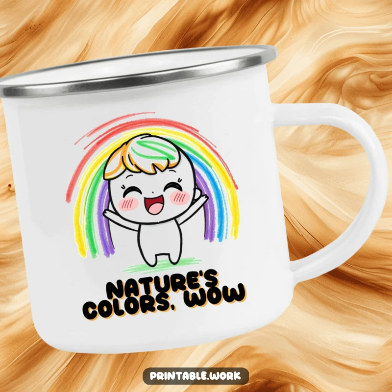Funny delighted crayon character camping mug, vibrantly drawing a rainbow with colorful strokes, ideal for creative outdoor enthusiasts.