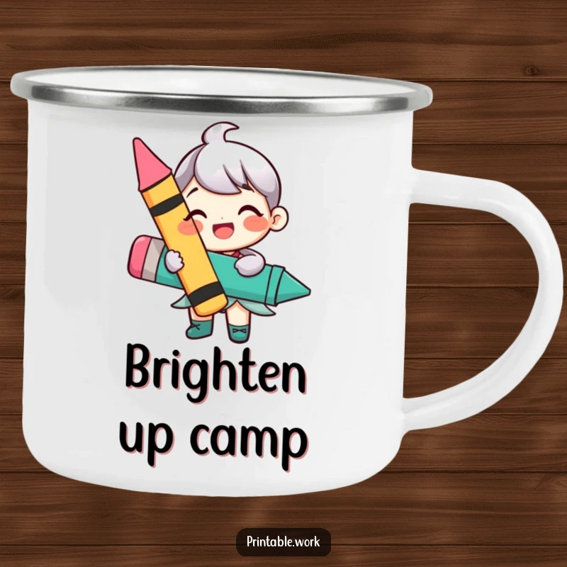 Funny camping mug showcasing a happy character holding a large, vibrant crayon, perfect for outdoor adventures and creative inspiration.