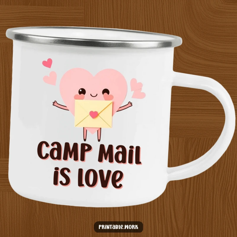 Funny Camping Mug with a resilient paper heart character, arms outstretched to hug a tiny envelope. Humorous and heartwarming for any trip.