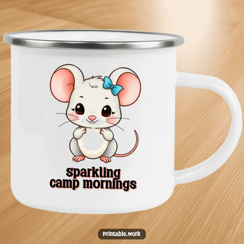 Funny Kawaii mouse character arranging glittery embellishments on a rugged camping mug, ideal for outdoor crafting and enjoyment.