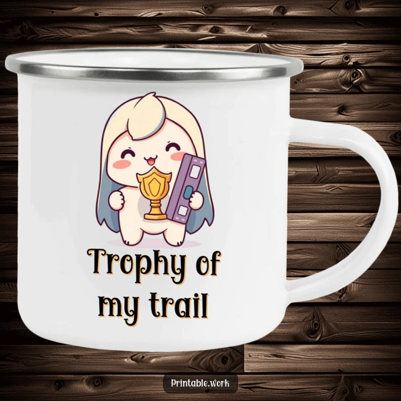 Funny Kawaii Camping Mug: Character holding a perfectly organized binder like a trophy, ready for outdoor adventures.