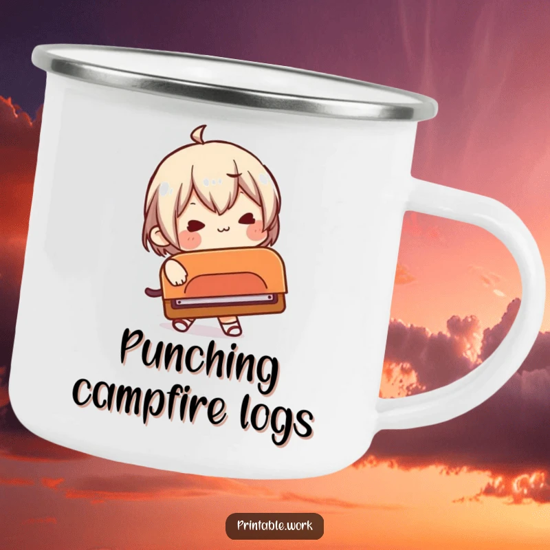 Funny camping mug featuring a character comically struggling with an absurdly large hole punch, for outdoor fun.