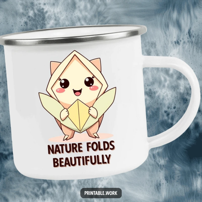 Funny enamel camping mug with a character offering origami, perfect for artistic moments outdoors and humor.