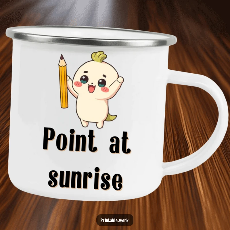 Funny camping mug featuring a triumphant character holding a perfectly sharpened pencil, perfect for adventurers who value focus and humor.