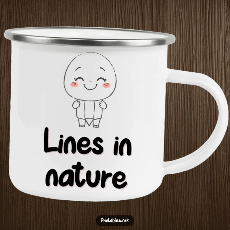 Funny smiling pencil character camping mug, cheerfully drawing a wobbly line, ideal for artists on the go.
