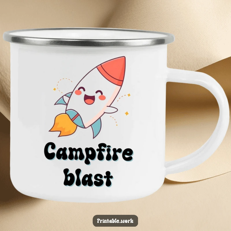 Funny camping mug with a giggling paper rocket character with flames blasting off, durable for outdoor adventures.