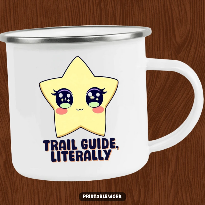 Funny Camping Mug with a resilient paper star character, eyes wide and sparkling, ready for any outdoor escapade. Humorous and practical.