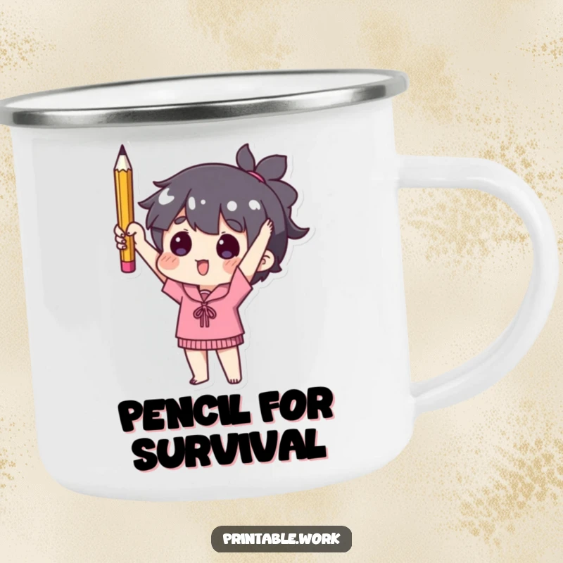 Funny camping mug featuring a character proudly holding a single used pencil, celebrating minimalist achievements outdoors.