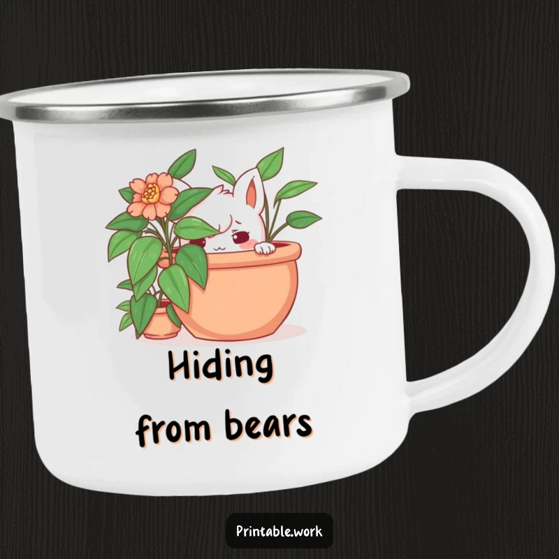 Funny hidden plant camping mug showing a mischievous character hiding behind a potted plant, perfect for outdoor enjoyment and playful secrets.
