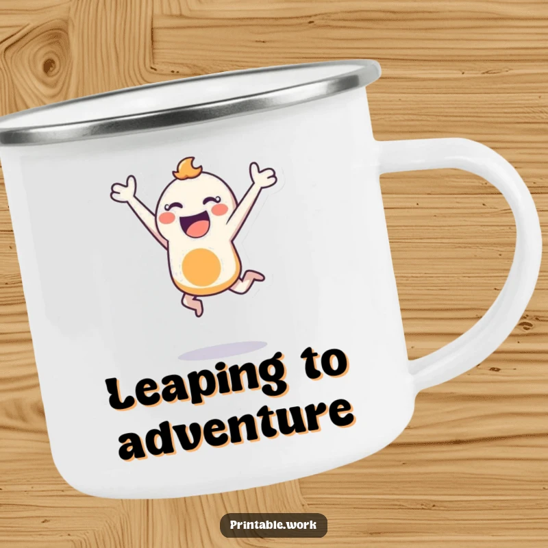 Funny camping mug showing a bouncing character joyfully leaping with a stencil, perfect for outdoor inspiration and energetic creativity.