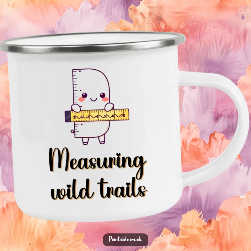 Funny ruler character measuring zigzags on a sturdy camping mug, perfect for outdoor beverages and celebrating geometric humor.