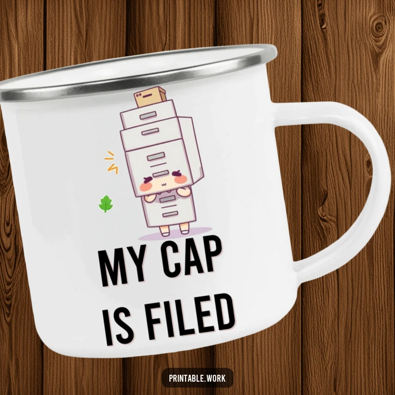 Funny filing cabinet hat camping mug, character with filing cabinet hat, durable cup for outdoor laughs.