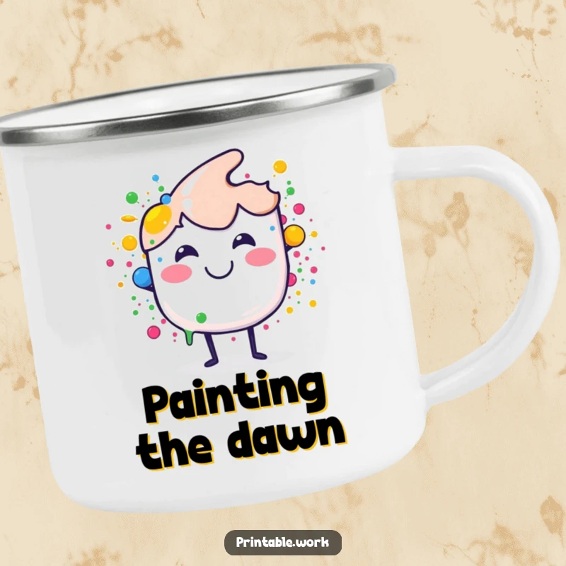 Funny camping mug with a smiling paint brush splashing colorful dots, perfect for outdoor art enthusiasts and a fun, funny gift.