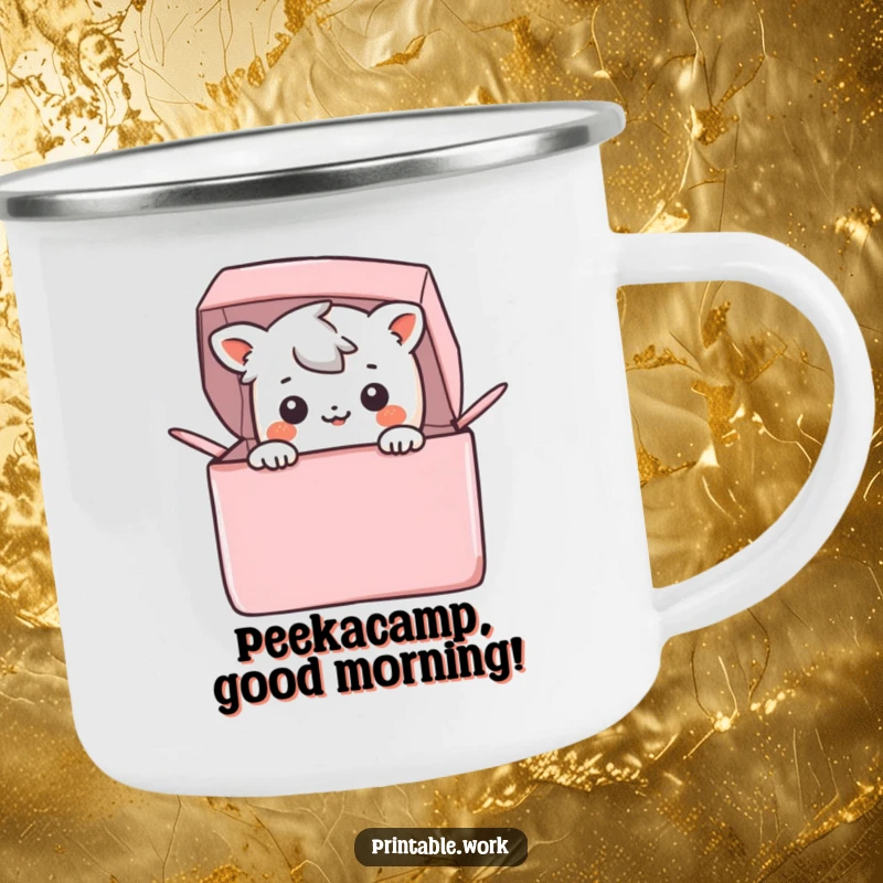 Funny Camping Mug: A happy Kawaii character peeks out from a colorful box, ready for adventure and hot drinks.