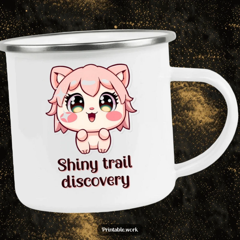 Funny Kawaii character with wide eyes staring at a sparkling sticker on a durable camping mug, perfect for appreciating details outdoors.