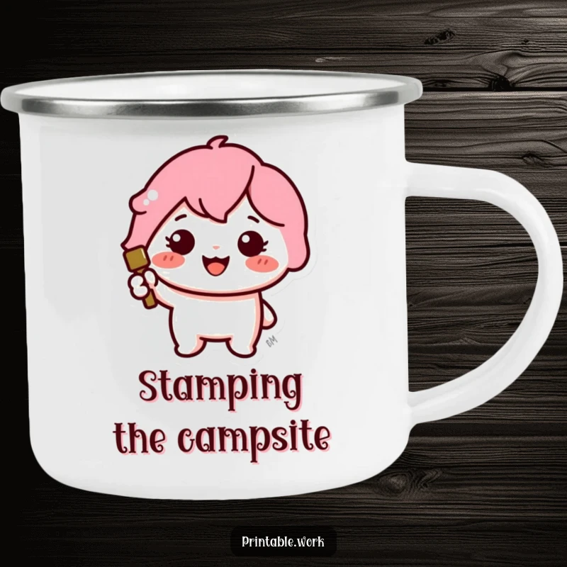 Funny camping mug featuring a cute Kawaii character cheerfully stamping a large, colorful icon in an outdoor setting.