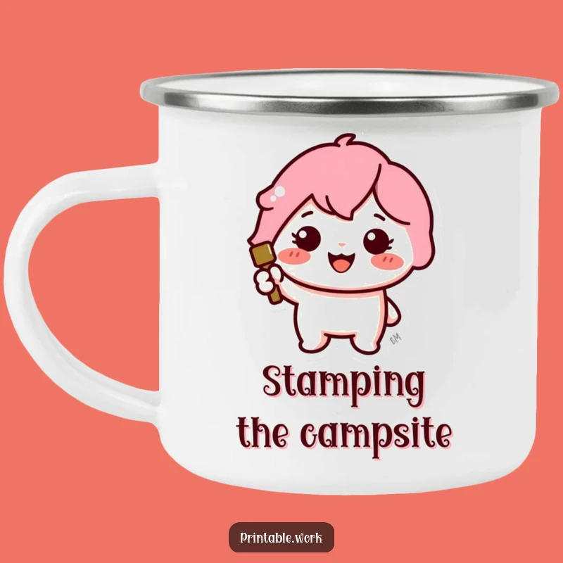 Funny Kawaii Stamper Camping Mug: Cheerful Character Outdoor Funny Gift