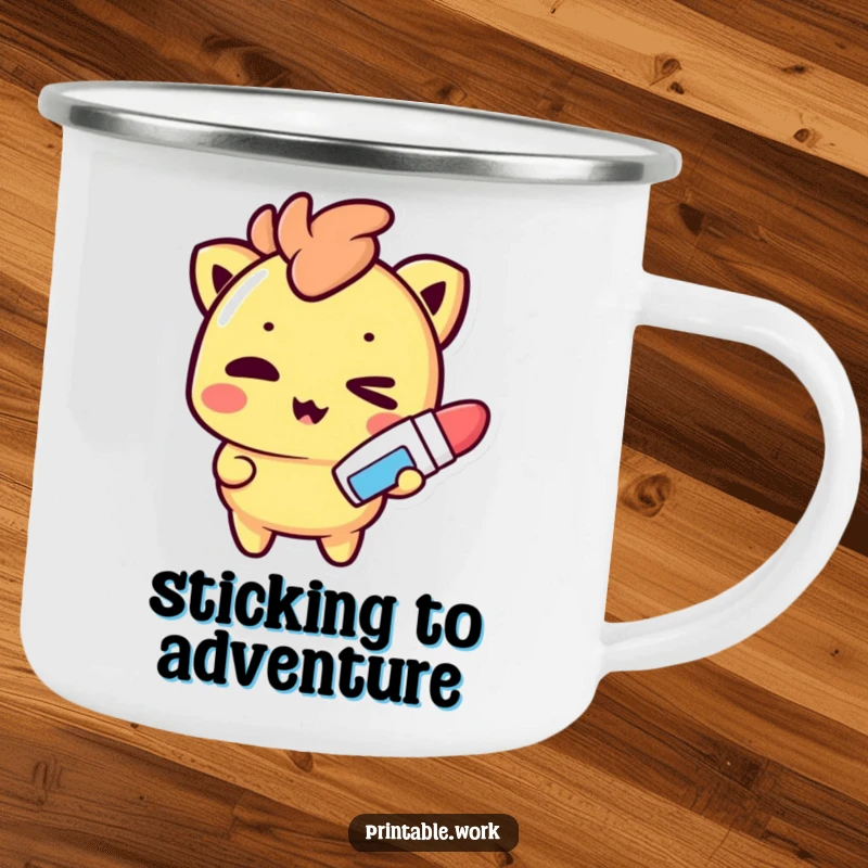Funny Camping Mug: A mischievous Kawaii character winks, holding a glue stick, ready for outdoor crafting and warm drinks.