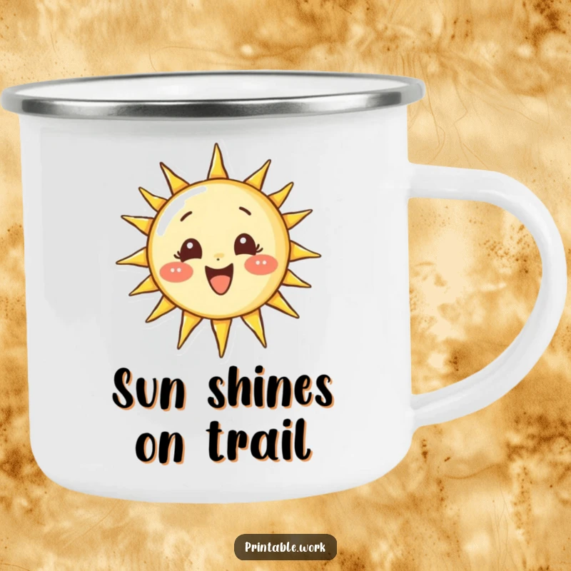Funny camping mug showing a determined character drawing a perfect, smiling sun, perfect for outdoor inspiration and bright ideas.