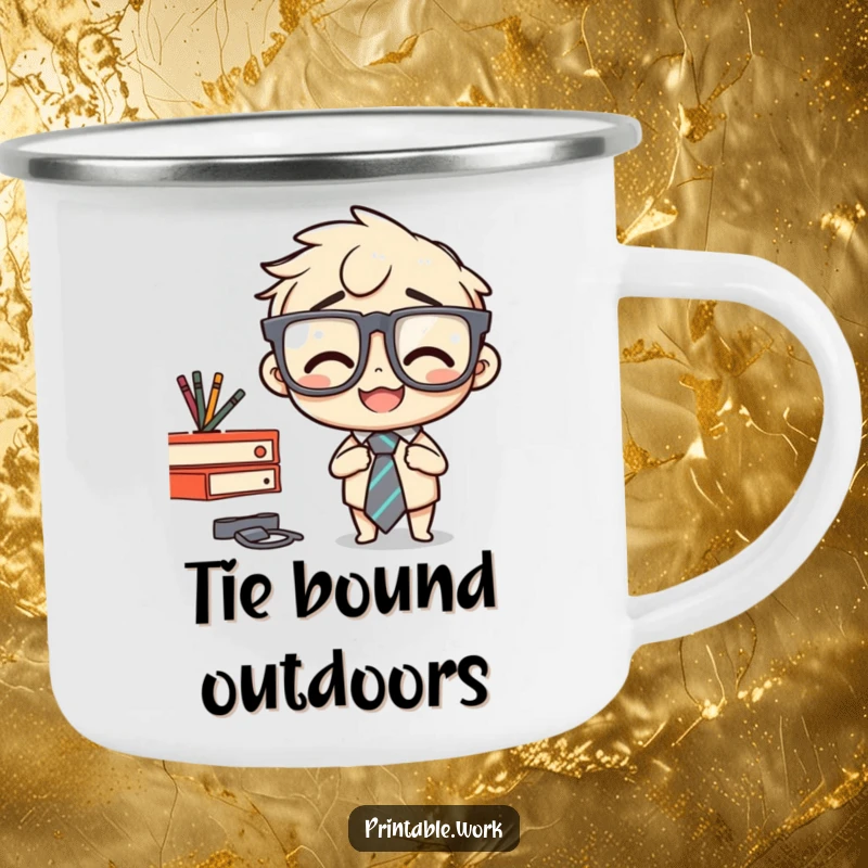 Funny camping mug with a character stapling their tie to a desk, a humorous illustration for outdoor enthusiasts.