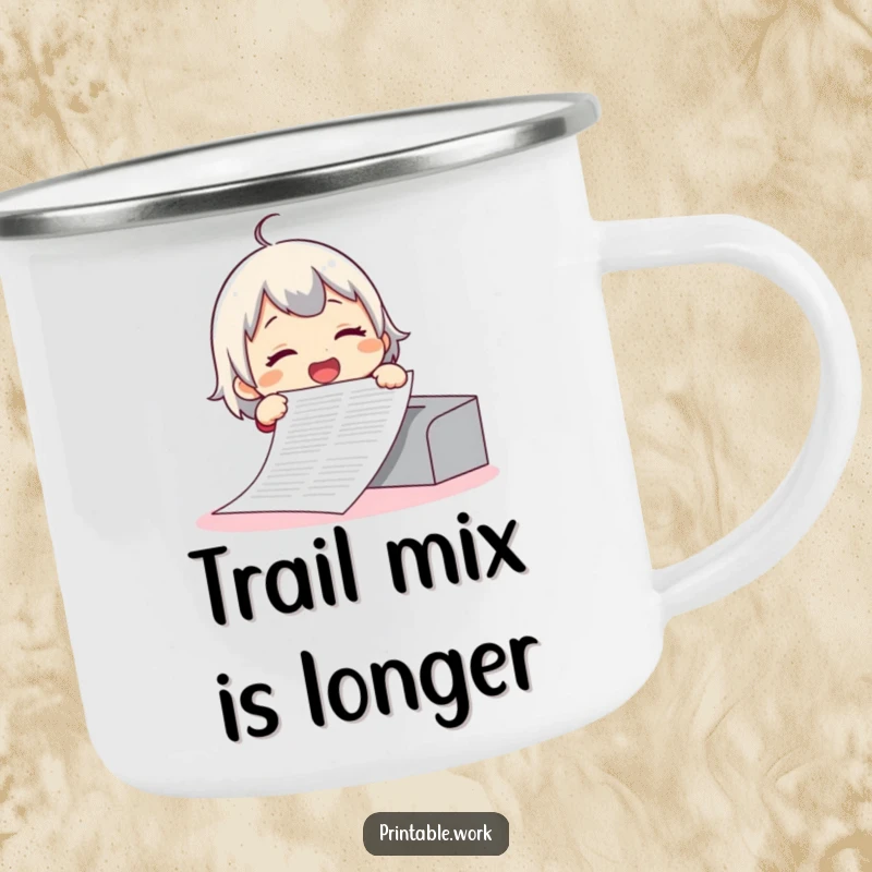 Funny camping mug featuring a giggling character printing an absurdly long document, ideal for outdoor enthusiasts who love humor.