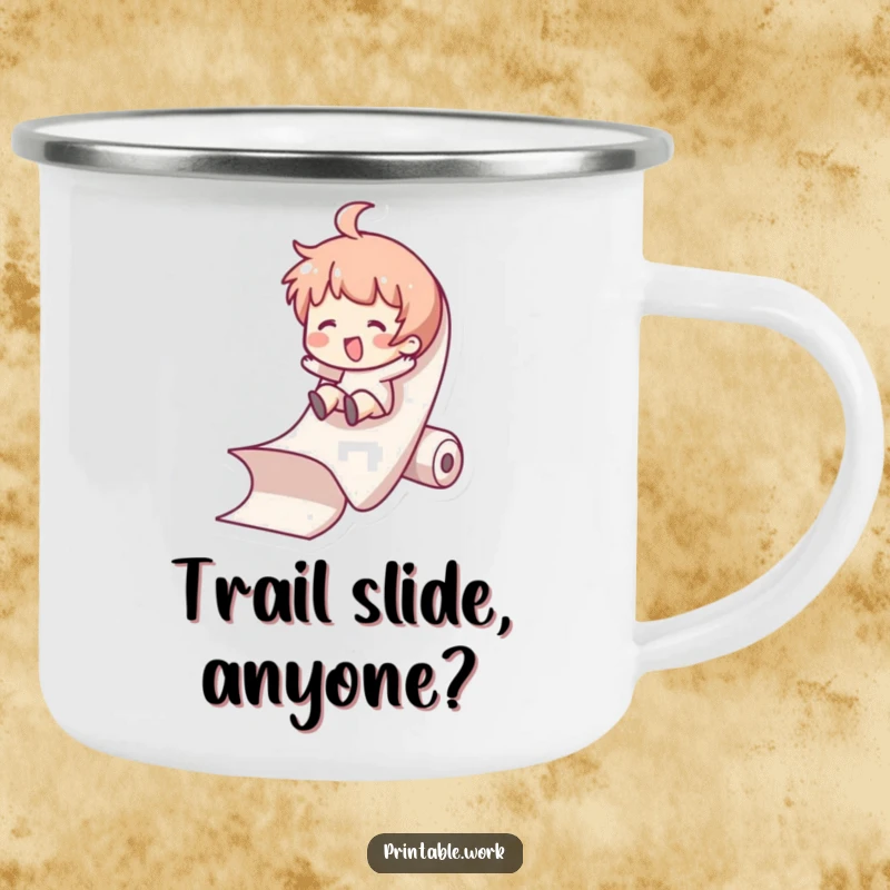 Funny Camping Mug: Character slides down a paper roll, a hilarious scene for outdoor enthusiasts who love a good laugh.