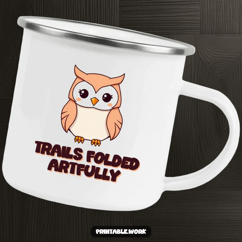 Funny Kawaii Owl Origami Camping Mug showing a focused owl folding paper into an origami shape, perfect for adventures and a funny gift.