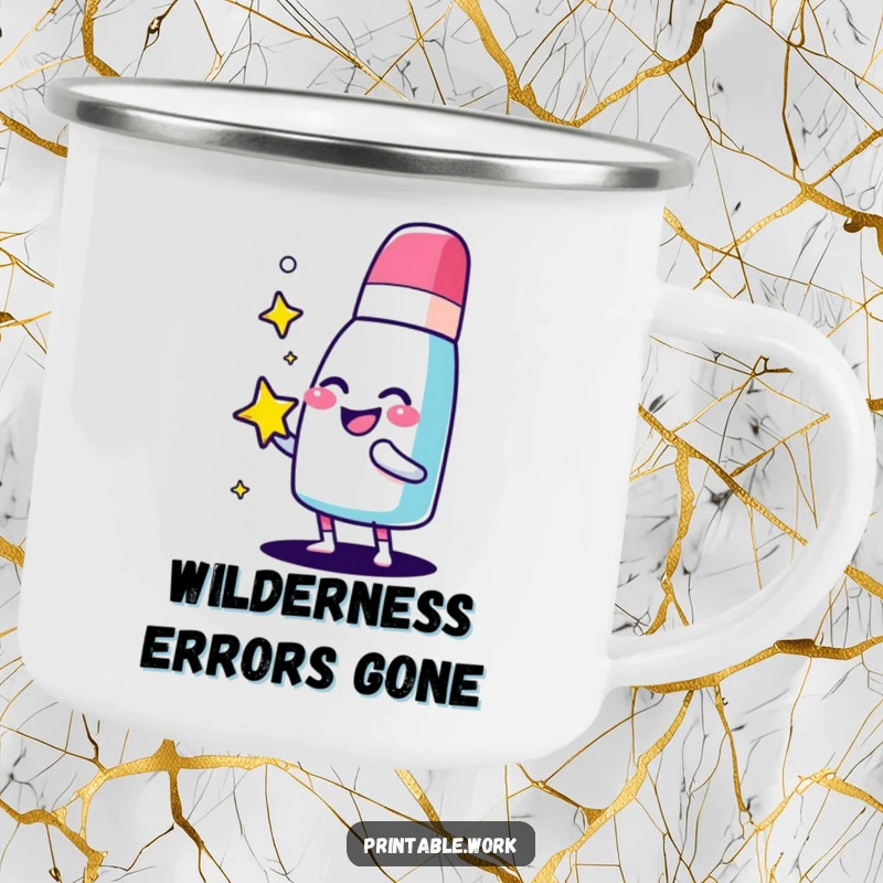 Funny giggling eraser character camping mug, happily polishing a sparkling star, ideal for neat outdoor enthusiasts.