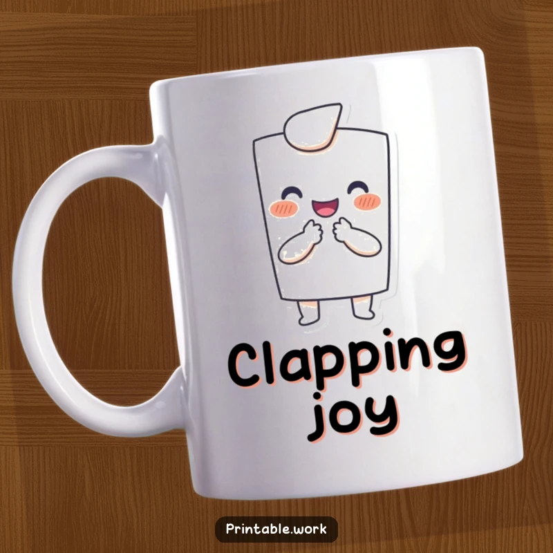 Funny mug: Happy paper character joyfully clapping with tiny hands, expressing excitement and celebration.