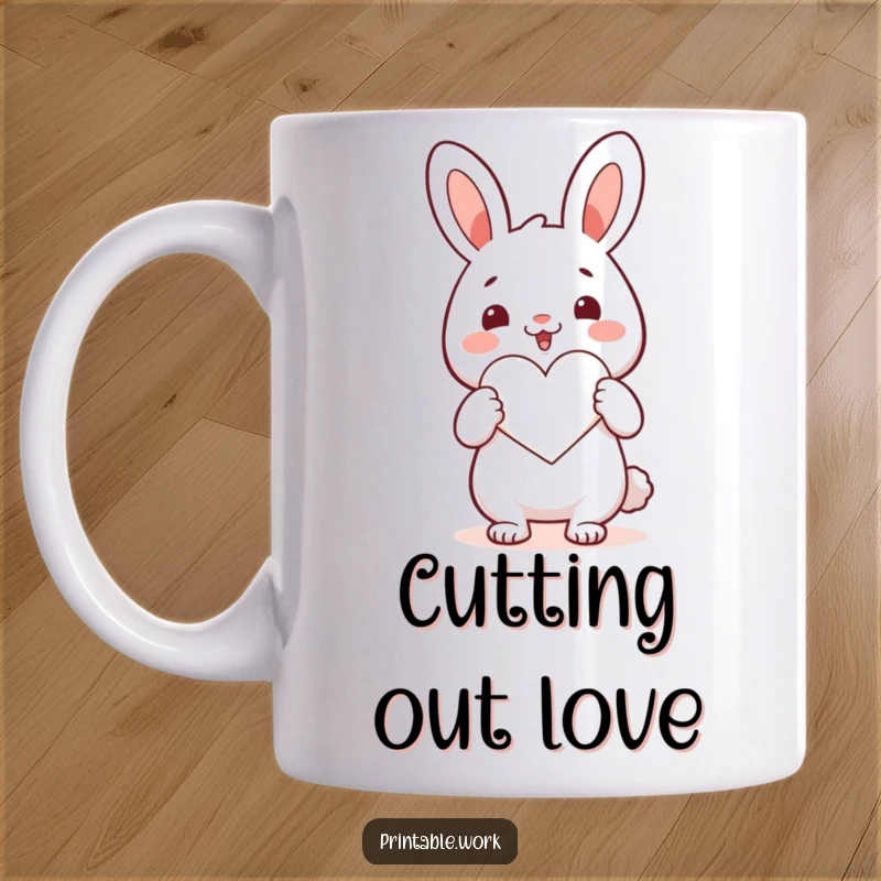Funny Kawaii rabbit character enthusiastically cutting out a heart shape with scissors, depicted on a cheerful mug.