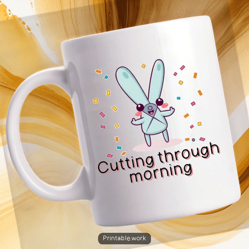 Funny playful scissors character mug, happily snipping confetti, celebrating fun, parties, and creative cutting.