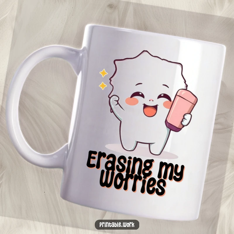 Funny mug showing a giggling character joyfully using a giant eraser to reveal a hidden image, symbolizing playful discovery.