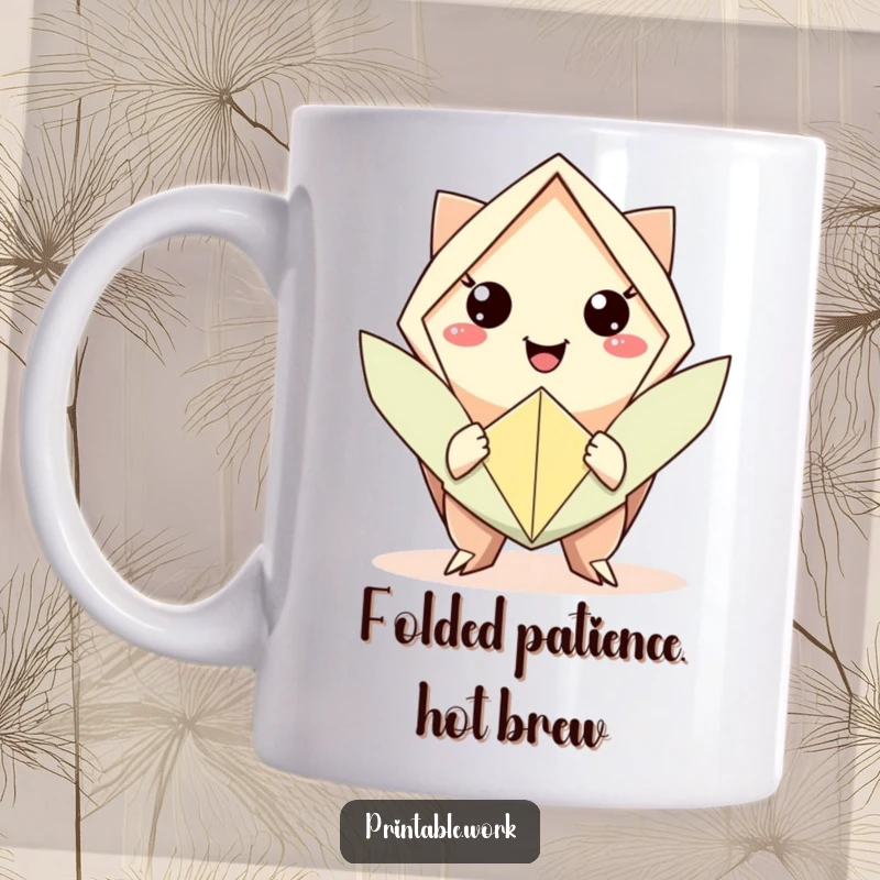 Funny mug with a character smiling while offering a folded origami creation, symbolizing artistry and joy.