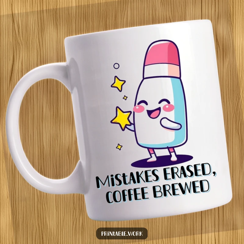 Funny giggling eraser character mug, happily polishing a sparkling star, celebrating perfection and clean finishes.