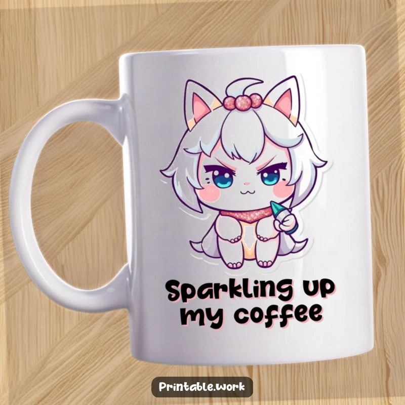 Funny Mug: A character gives a mischievous wink while using a glitter pen, adding sparkle.