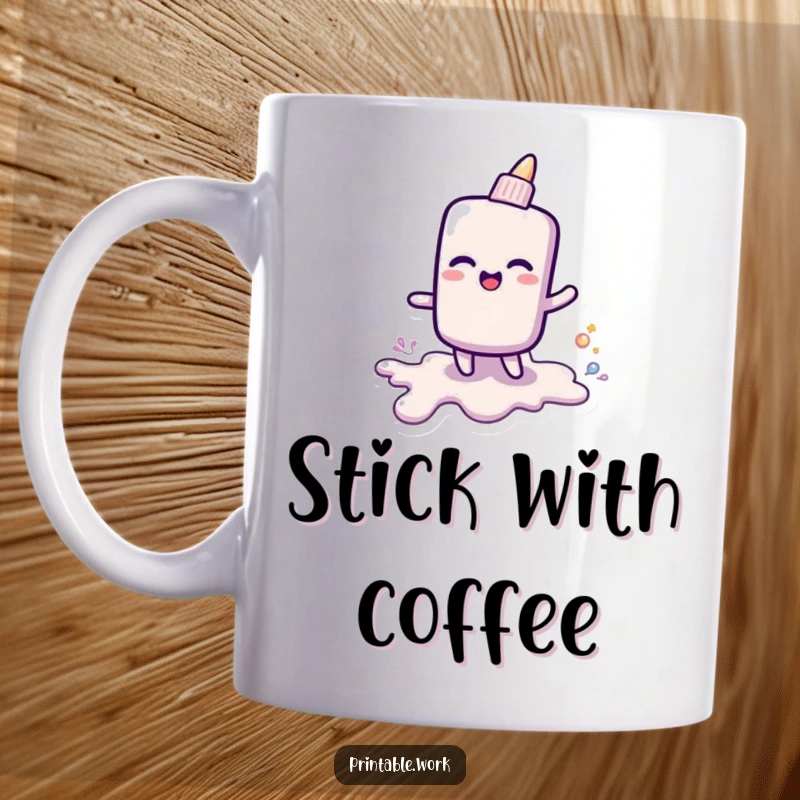 Funny mug showing a cheerful glue stick character leaving a trail of sparkling, shiny goo, symbolizing creativity and joy.
