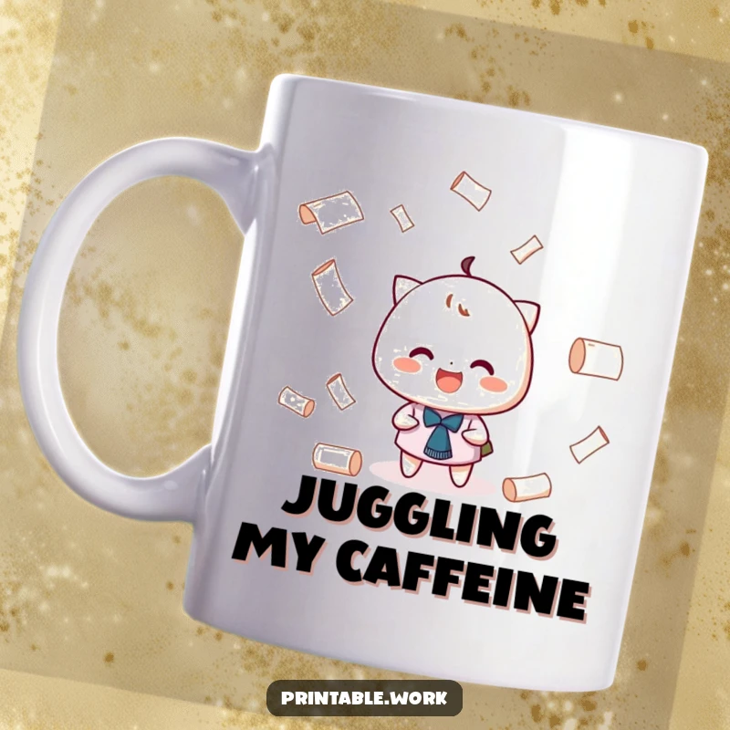 Funny Juggling Paper Mug: A character with a grin playfully juggling tiny rolls of paper, showcasing dexterity.