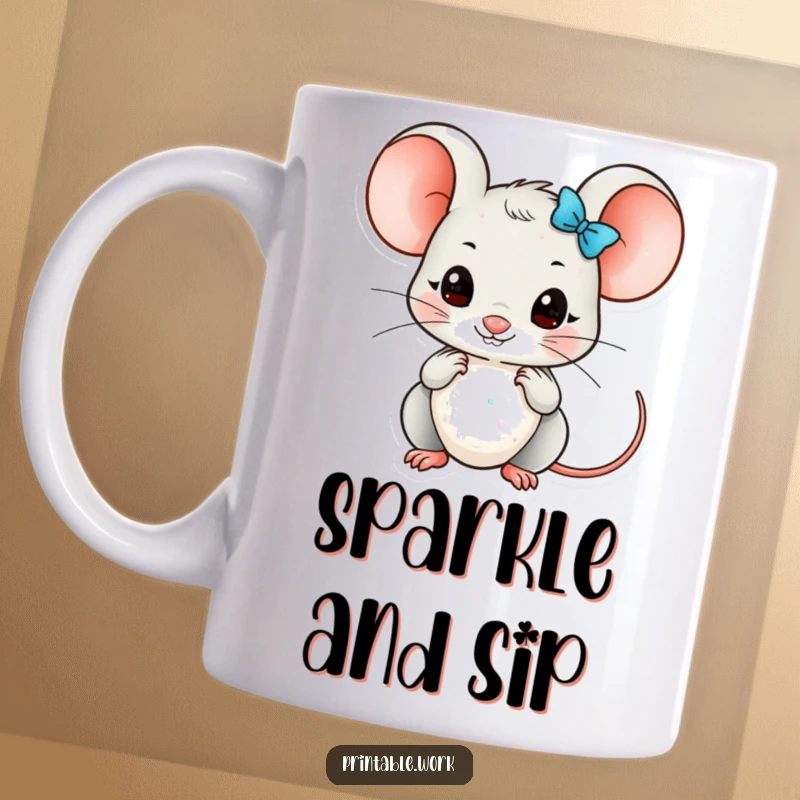Funny Kawaii mouse character carefully arranging glittery embellishments, depicted on a charming and humorous mug.