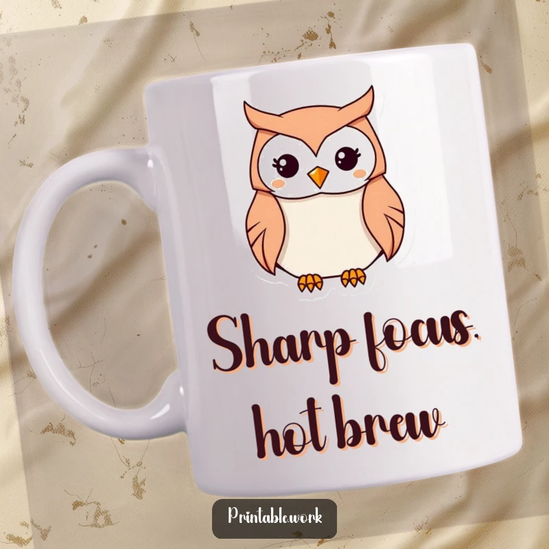Funny Kawaii Owl Origami Mug featuring a determined owl carefully folding paper into an origami shape, a symbol of focus and a funny gift.