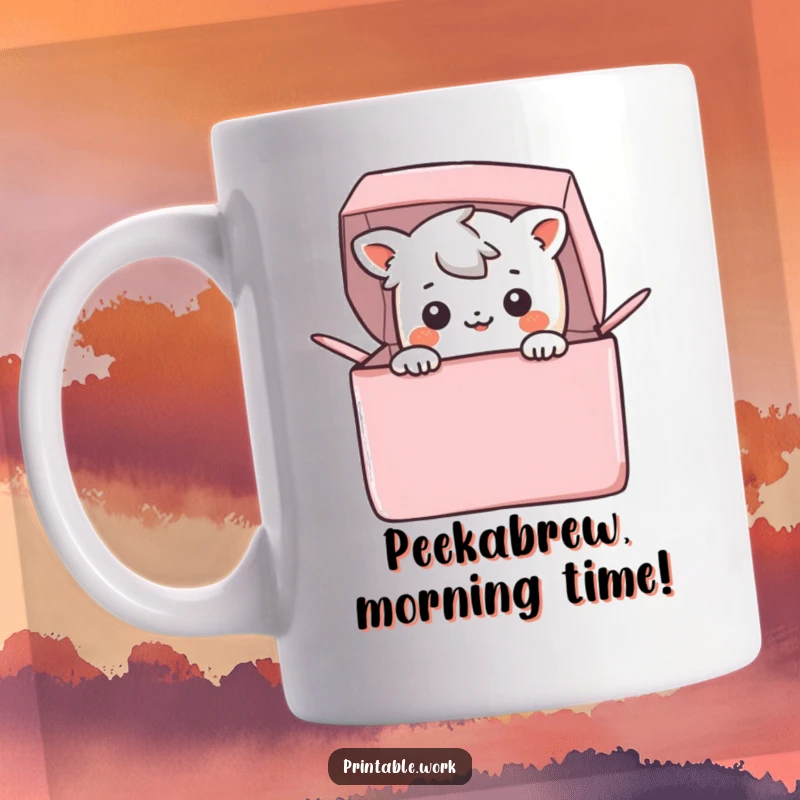 Funny Mug: A happy Kawaii character joyfully peeking out from a brightly colored gift box, expressing pure delightful excitement.