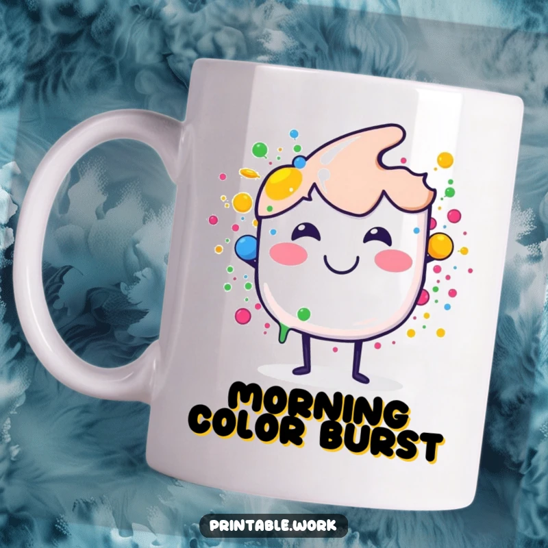 Funny mug featuring a smiling paint brush splashing colorful, happy dots, bringing artistic joy and humor, a perfect funny gift.