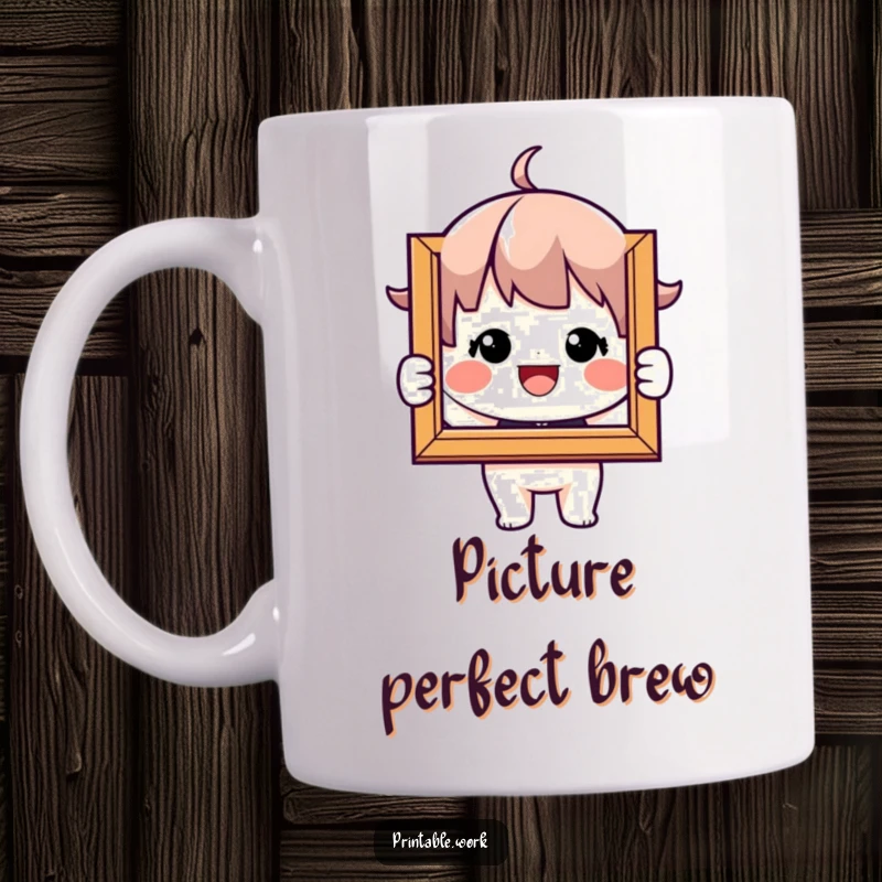 Funny Mug: Character beams with joy, proudly holding up a framed picture, celebrating happy memories.