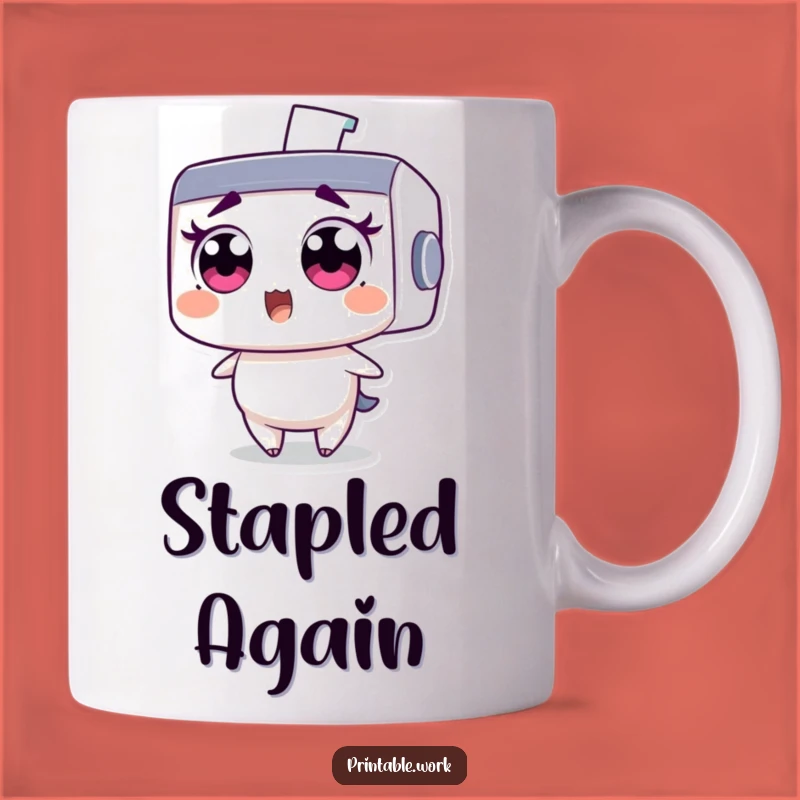 Funny Printer Surprise Mug: Wide-eyed character shocked by flying staple, a hilarious office gift.