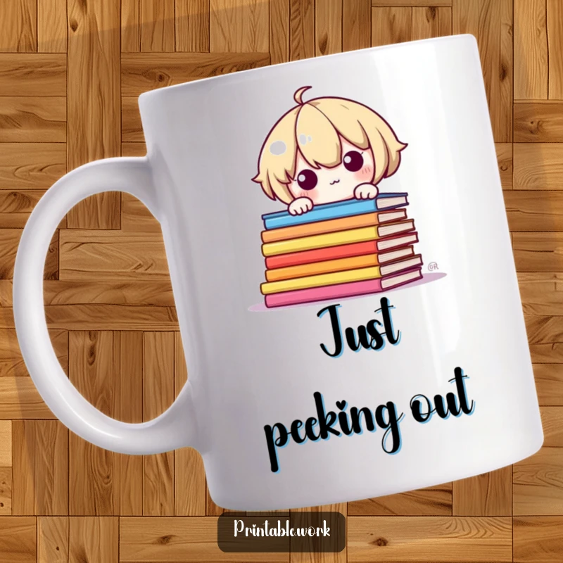 Funny Kawaii Mug: Shy character peeking over colorful book pages, a delightful and humorous gift for readers.