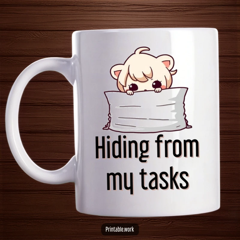 Funny Kawaii character mischievously hiding behind a large stack of paper, perfect for office humor and study sessions.