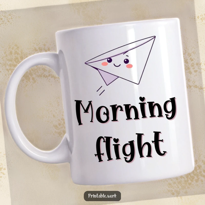 Funny Paper Airplane Mug featuring a cute character with a smiling face flying joyfully through the air, evoking freedom.