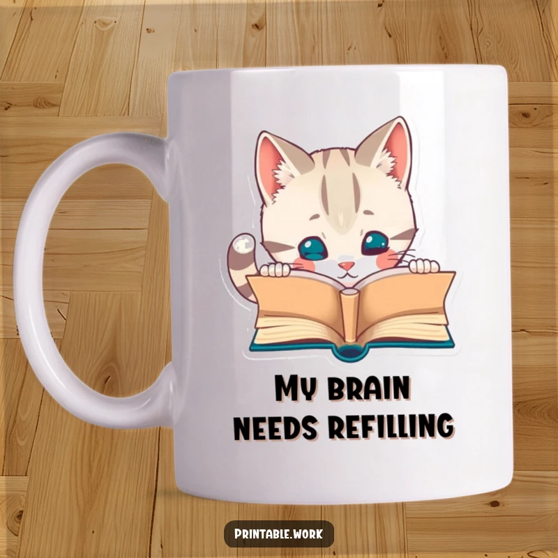 Funny cat mug with a curious feline mesmerized by an open miniature book, showcasing its love for literature.